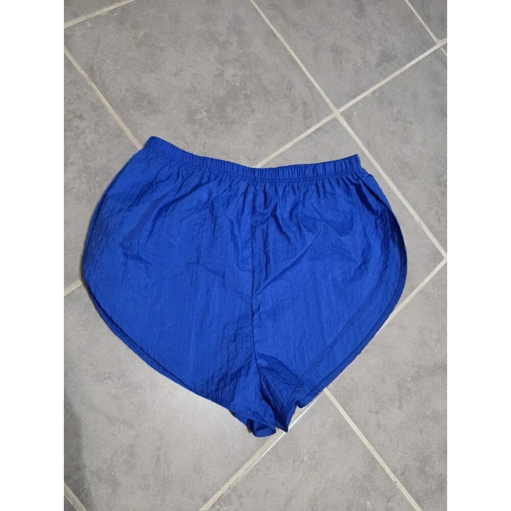 Vintage 90s Body Wrappers 100% Nylon Shiny Blue Split Running Shorts Size Large